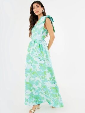 NEW Abbey Glass Caroline Gown Green Abstract Brocade Maxi Dress